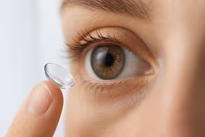 Close up of a woman holding a lens up to her eye