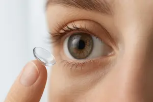 Close up of a woman holding a lens up to her eye
