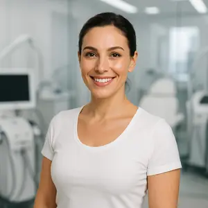 A woman with short black hair and a white shirt is smiling in a hospital room with medical equipment in the background.