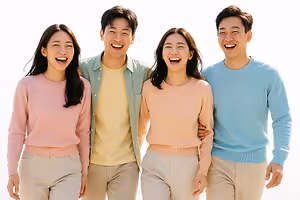 Four people standing together smiling at the camera, two women in pink and two men in yellow and blue sweaters, all wearing beige pants