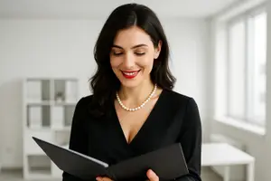 A woman in a black dress is smiling and looking at a black folder.