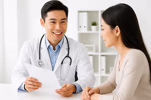 A smiling male doctor and a female patient are discussing something while sitting in an office.