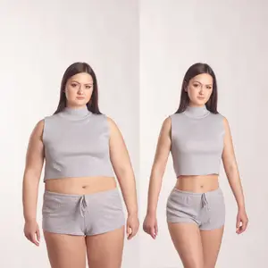 Before and after image of a woman wearing a gray crop top and shorts.