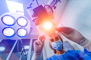A person in a surgical mask and blue scrubs holding an ophthalmoscope with a bright light in a hospital room.