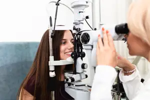 A young woman has her eyes examined by an optometrist in a medical setting.
