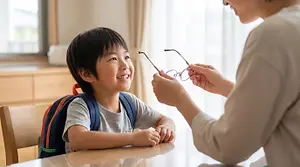 Child smiling as an adult helps put on eyeglasses