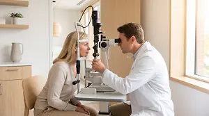 Optometrist examining a patient's eyes with a slit lamp in a bright eye care clinic