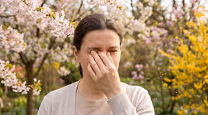 Woman rubbing her irritated eyes outdoors amid blooming flowers