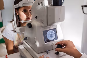 A woman is having an eye test with a doctor in a clinic.