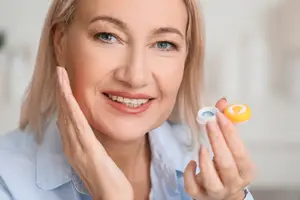 A woman is smiling and holding a contact lens container