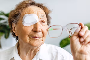 An elderly woman with a white eye patch and holding glasses