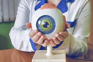 An adult woman wearing a white and blue shirt and holding an artificial eye