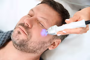 A person is having their face examined with a laser device