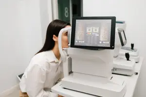 A woman looking at a screen that is showing an eye test on an eye scanning machine