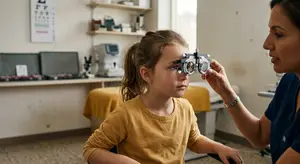 A young girl is having her eyes examined by an optometrist in a medical office