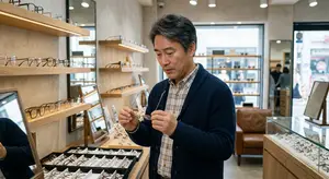 A man is examining a pair of eyeglasses inside an optical shop. The shop is well-lit with a modern design, and there are various eyeglasses on display shelves behind him. In the background, there are people walking around and a glimpse of another shop through the glass door.