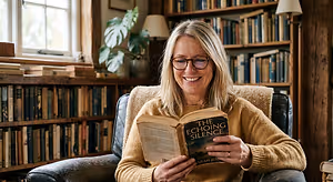 A smiling woman sits in a leather chair reading a book in a cozy room with a bookshelf in the background