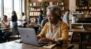 An older woman in glasses is working on a laptop in a cafe