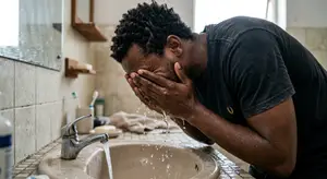 A man washing his hands in a sink with water splashing on his face