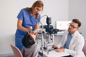 A man wearing glasses is examining a child's eyes with a machine while a woman in blue scrubs is holding a bottle.