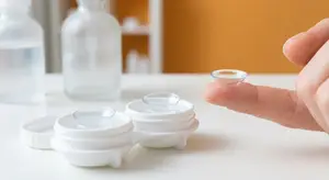 Image of finger holding a contact lens next to three containers of lenses