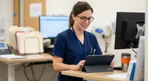 Woman in a blue scrub top smiling at a computer monitor