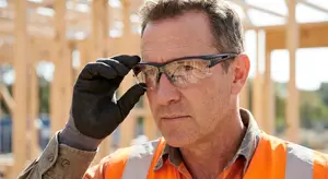 A man adjusting his safety glasses while wearing a reflective orange safety vest and black gloves on a construction site