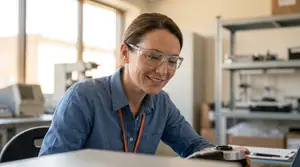 A woman in a blue shirt wearing safety glasses is working on a computer in a lab
