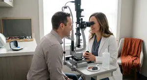 An optometrist is examining a patient's eyes using a phoropter.
