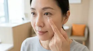 A woman is applying a contact lens to her eye while smiling.