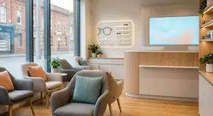 Interior of a modern optometrist's office with chairs, a reception desk, and a display of glasses.