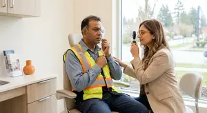 A man wearing a reflective vest sits in a chair while a woman holds an eye exam tool to his eye.