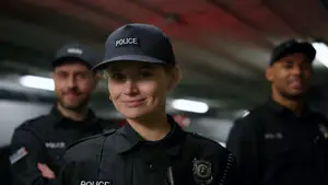 A woman police officer with a smile on her face and two men behind her in a subway station