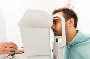 A man undergoing an eye test at a medical clinic.