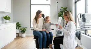 A woman and a child are in an eye exam room with a doctor