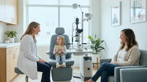 Doctor examining a child's eyes in a bright room with a family member present.