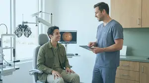 A young man is discussing his eye health with a doctor in an examination room.