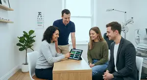 A woman uses an iPad to show something on the screen to two other people sitting at a table in a clinic room.