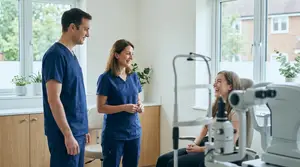 An optometrist and an optician are having a conversation with a patient in an eye exam room