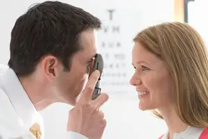 Doctor examining a woman's eye with an ophthalmoscope
