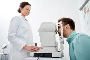 A man is getting an eye exam from a doctor wearing a white lab coat.