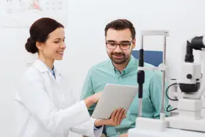 A woman in a lab coat showing a tablet to a man wearing glasses