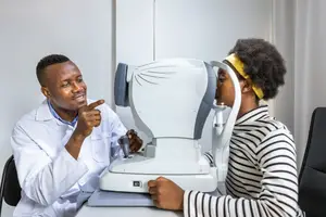 a male doctor is checking a young girl's eyes with a device