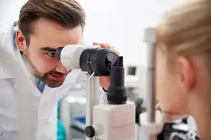 A man is examining a woman's eyes using an ophthalmoscope in a clinic.