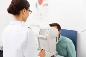 A woman wearing a white lab coat holds an eye chart in front of a man who is sitting and wearing a green shirt in what appears to be an optometrists office.