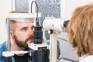 A man is looking through an ophthalmoscope while a woman checks his eyes.