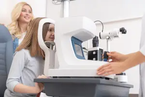 A girl with a visor is having her eye examined by a woman in a white coat.
