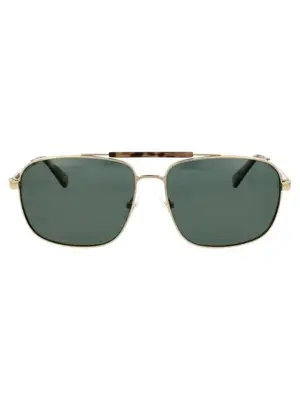 Gold-framed sunglasses with green lenses and brown accents