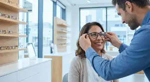 A man is adjusting a woman's glasses in an optical shop.