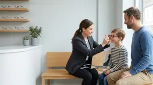 A woman optometrist adjusts a young boy's eyeglasses at an optical shop